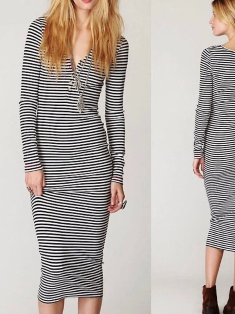 FP Beach black & white striped long-sleeved maxi dress size M